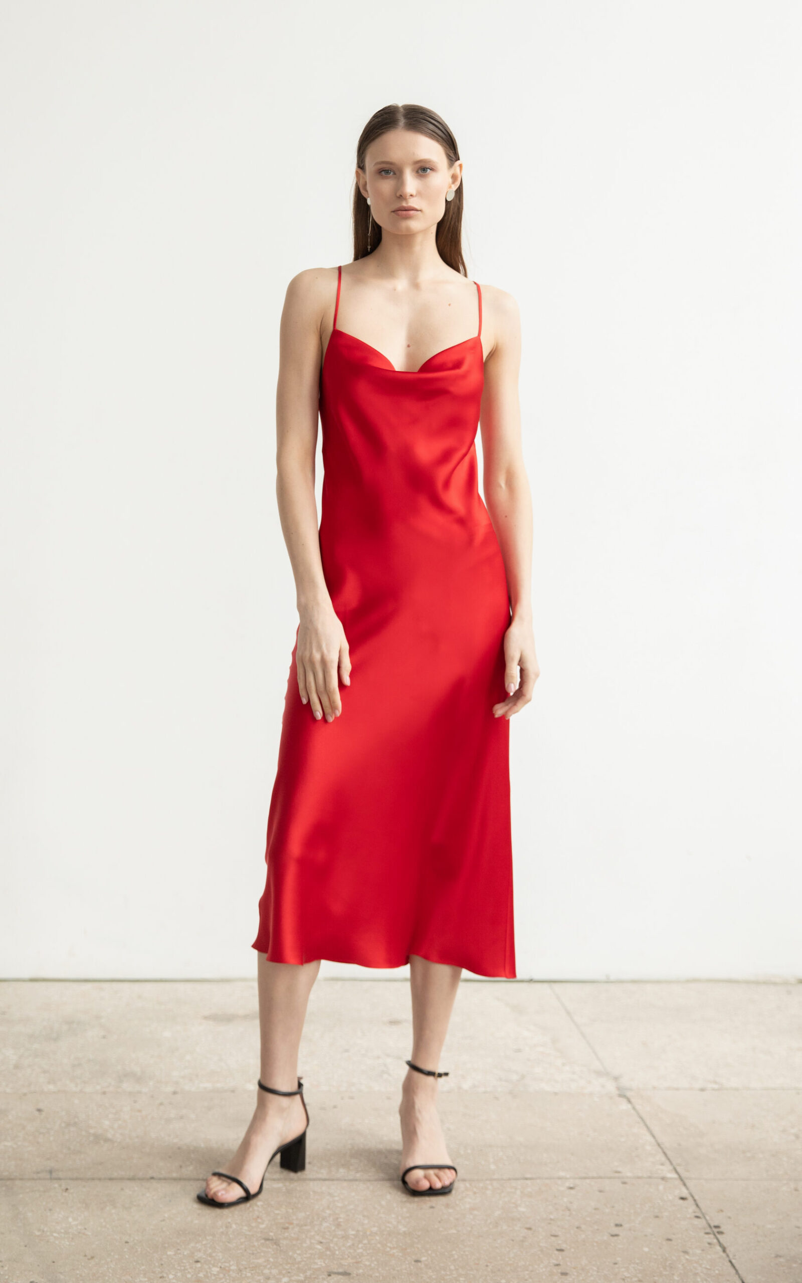 Flatter Scarlet cowl neck silk satin midi dress
