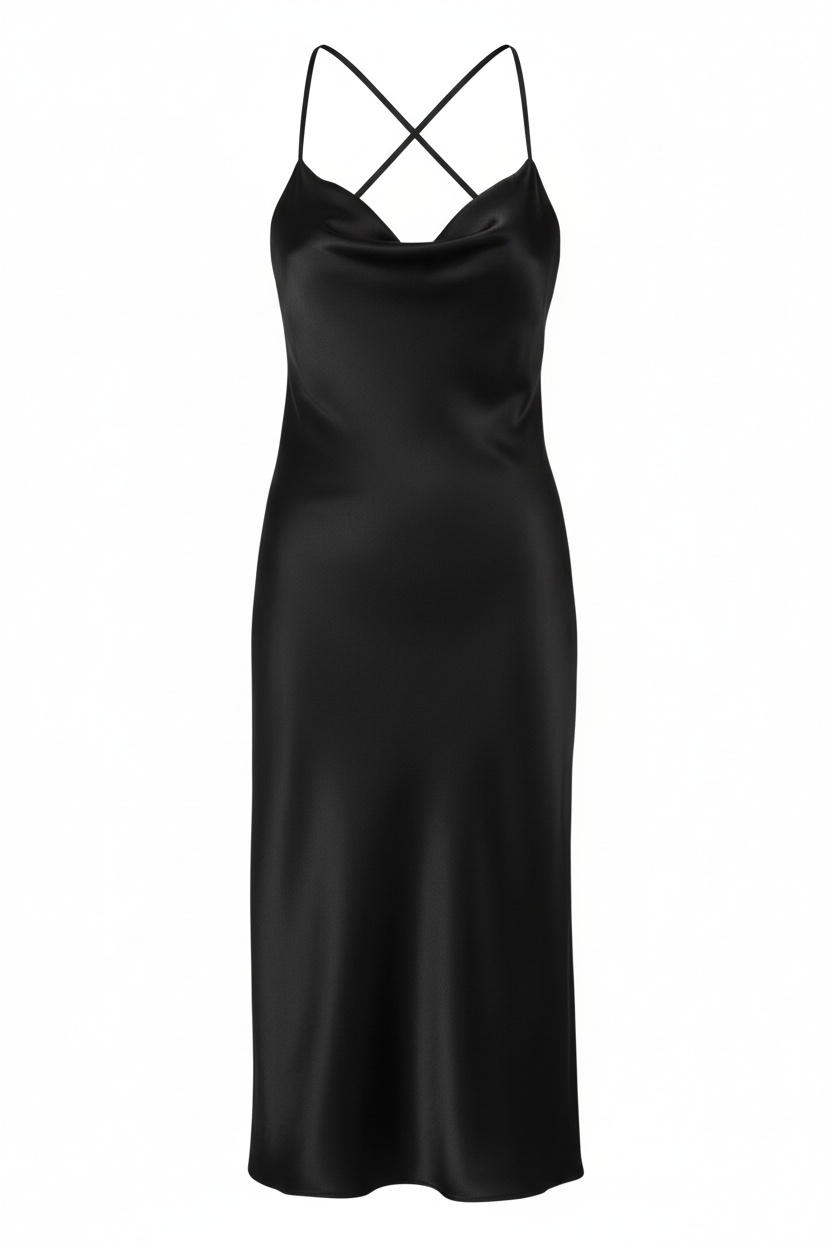 Flatter Black cowl neck silk satin midi dress