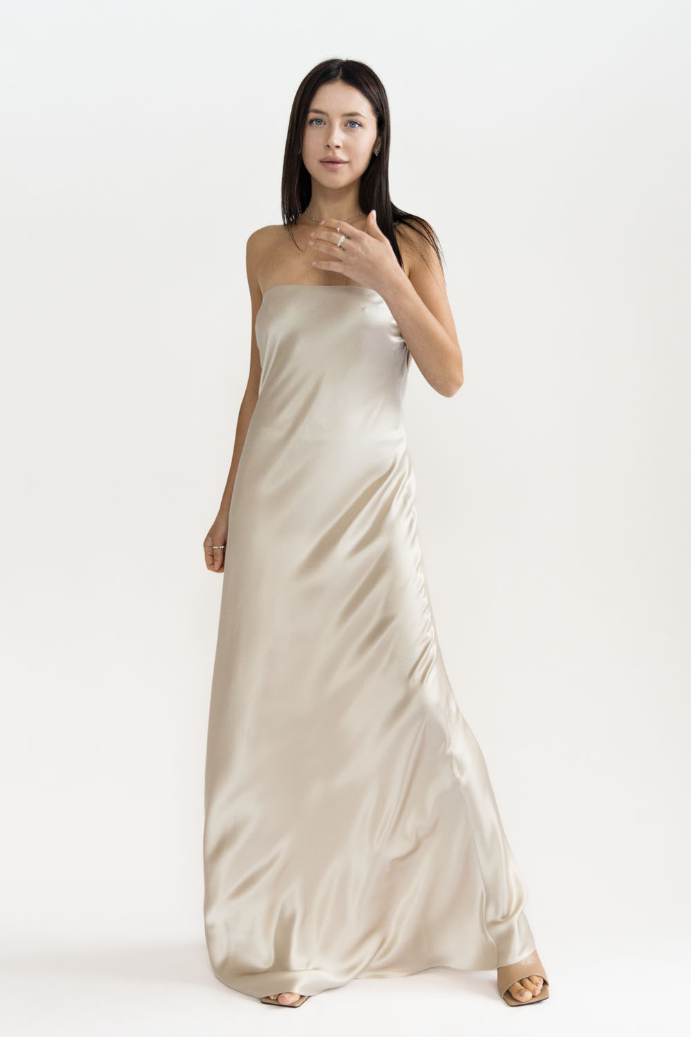 silk strapless maxi dress
