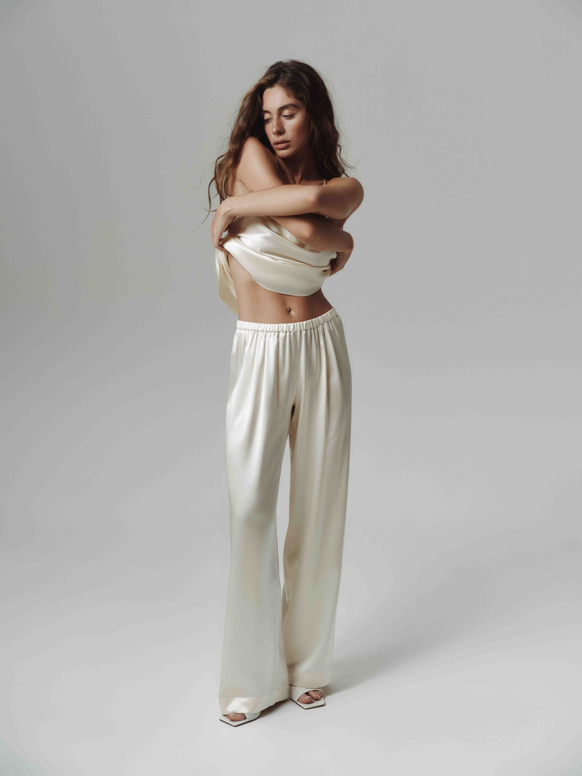 malibu butter cream silk trousers with a relaxed pj look