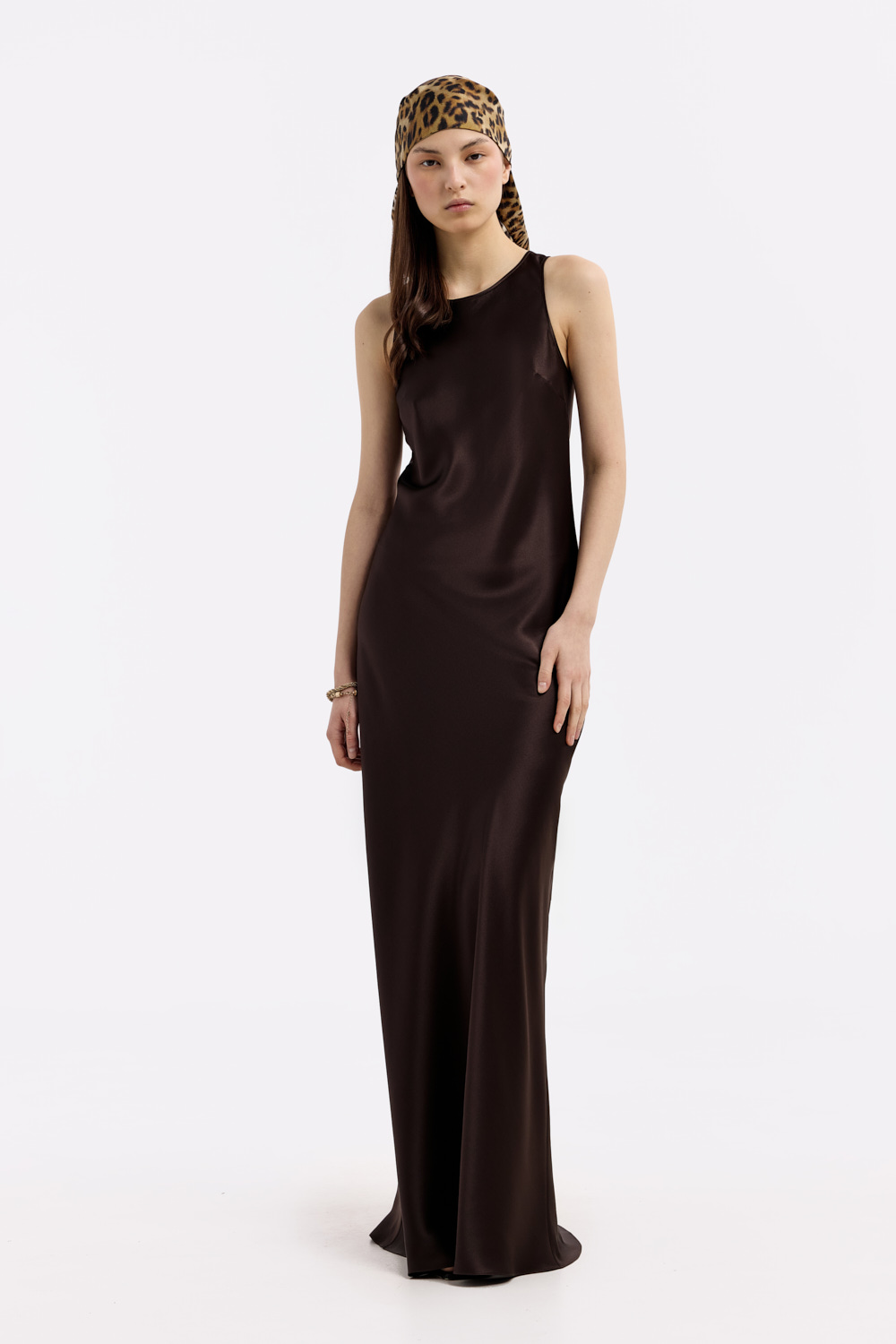 Amanda Espresso high-neck silk-satin maxi dress