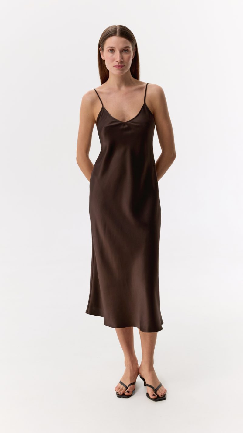 Sheryl Espresso V-neck silk satin midi dress
