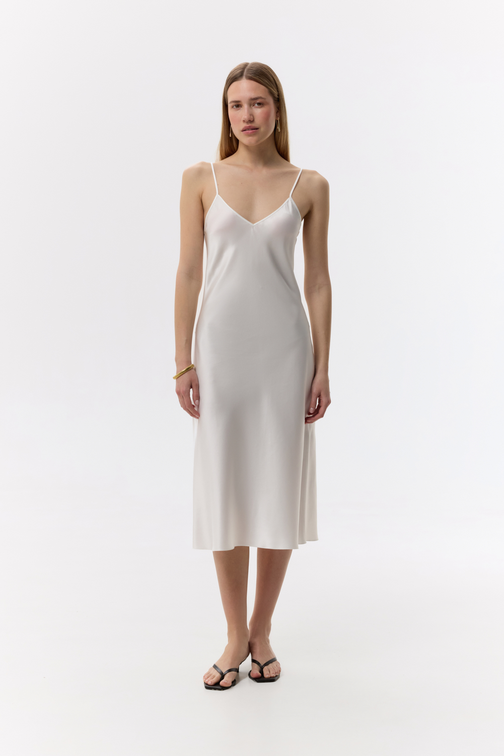 Sheryl White V-neck midi dress in heavy-weight double-faced Silk Satin