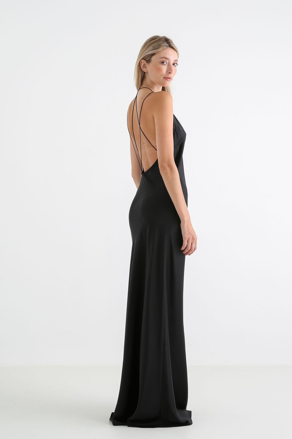 Anima Black backless silk maxi dress