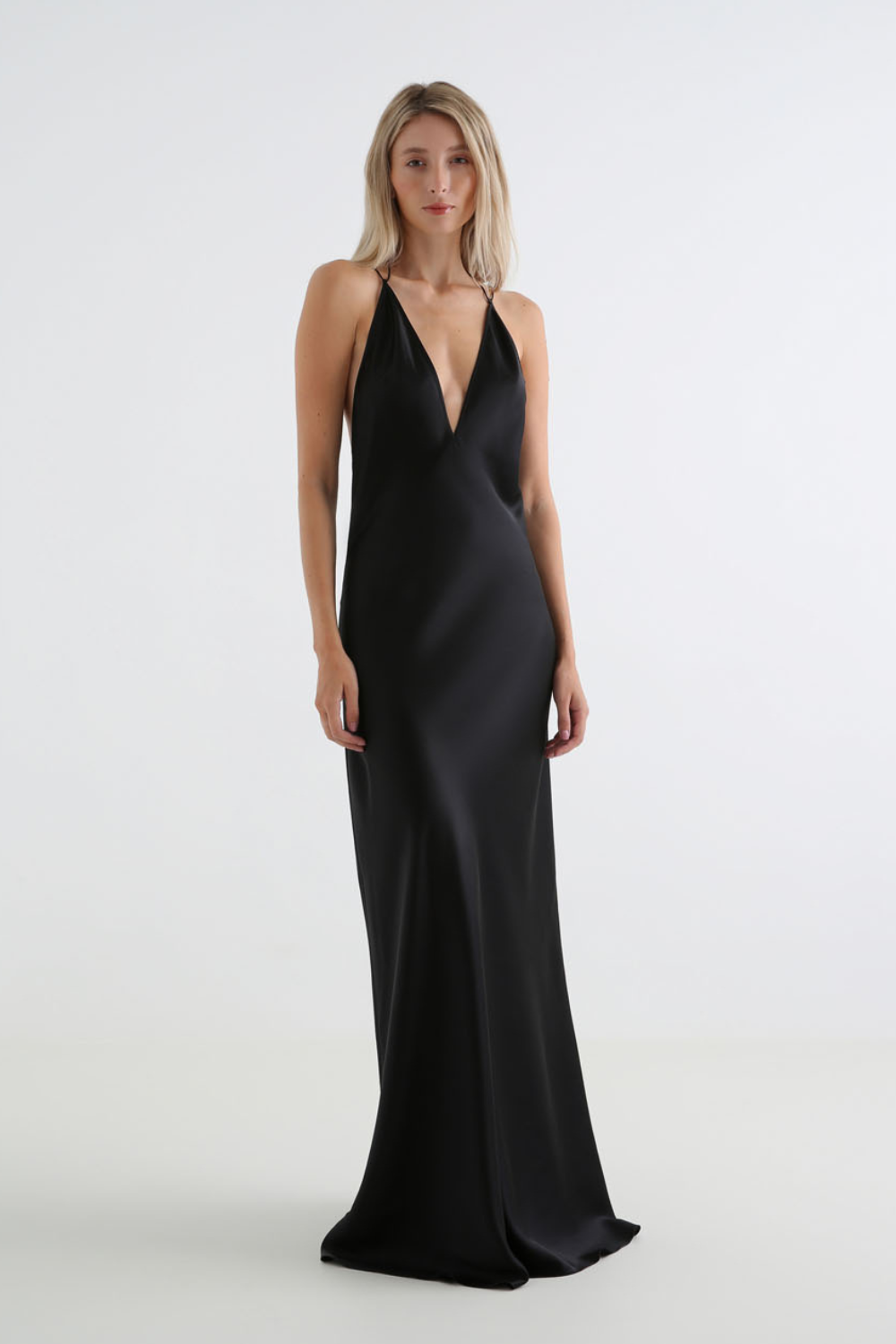 Anima Black deep V-neck silk-satin maxi dress