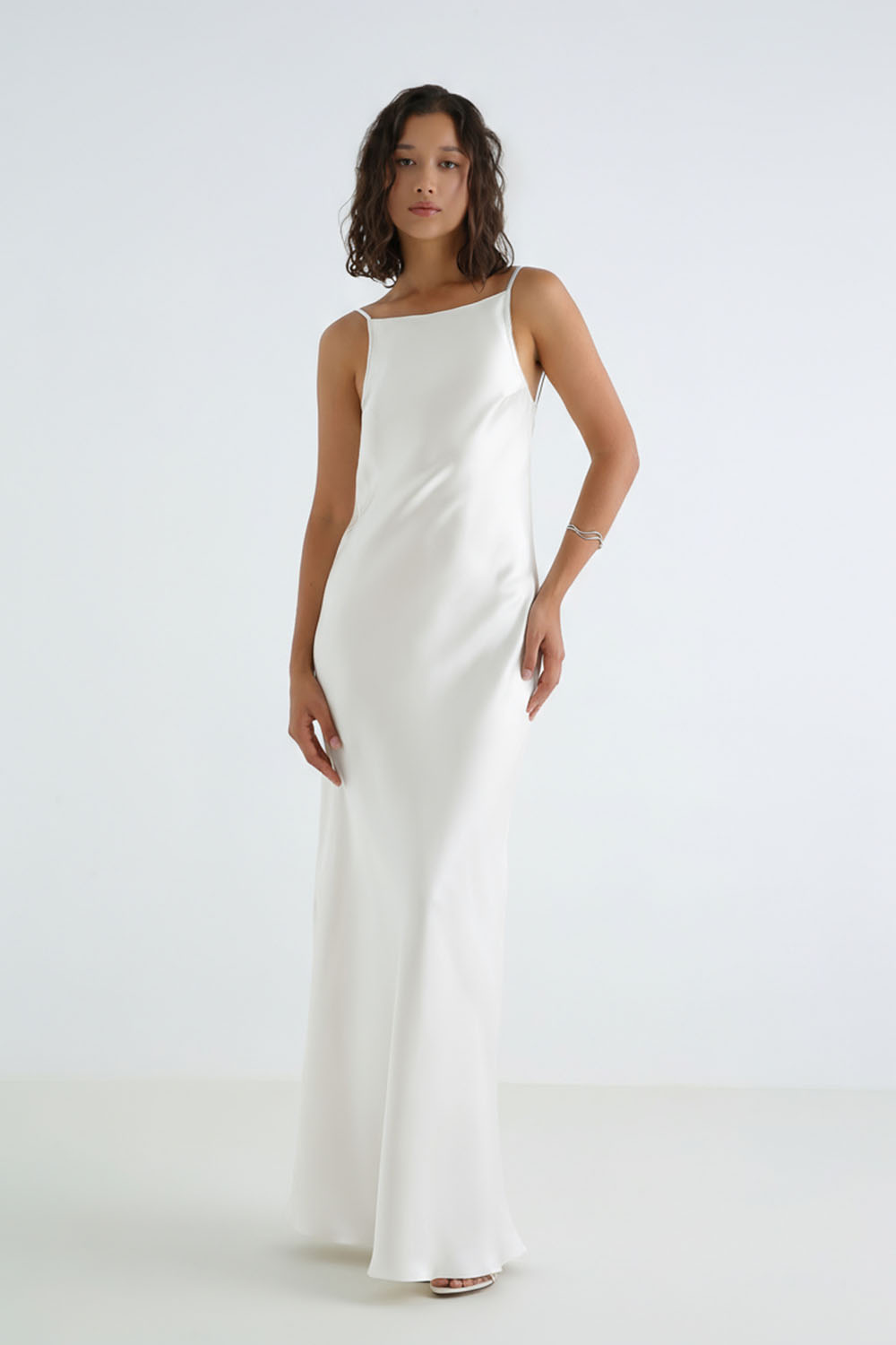 Sheridan White high neck silk satin maxi dress