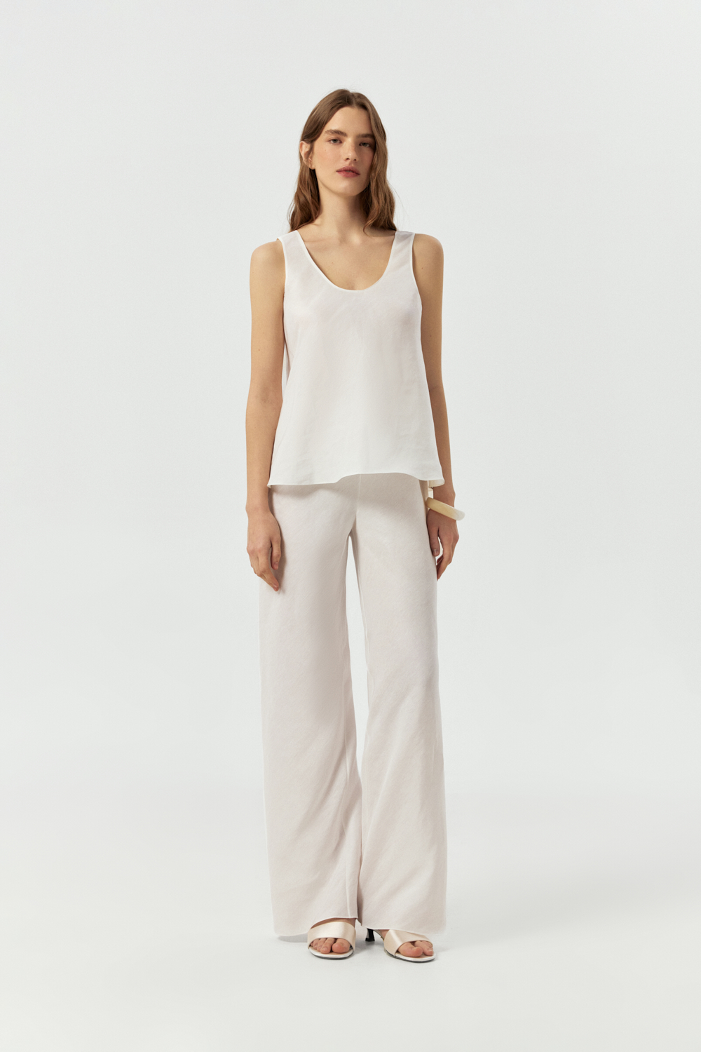 Amalfi White bias cut wide leg pants in Silk and Linen Poplin