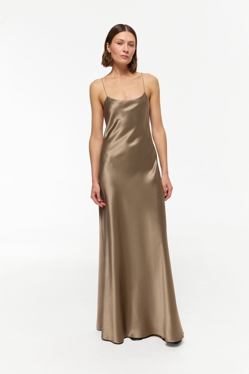 Carolyn Khaki-Taupe scoop-neck maxi dress in Silk Satin