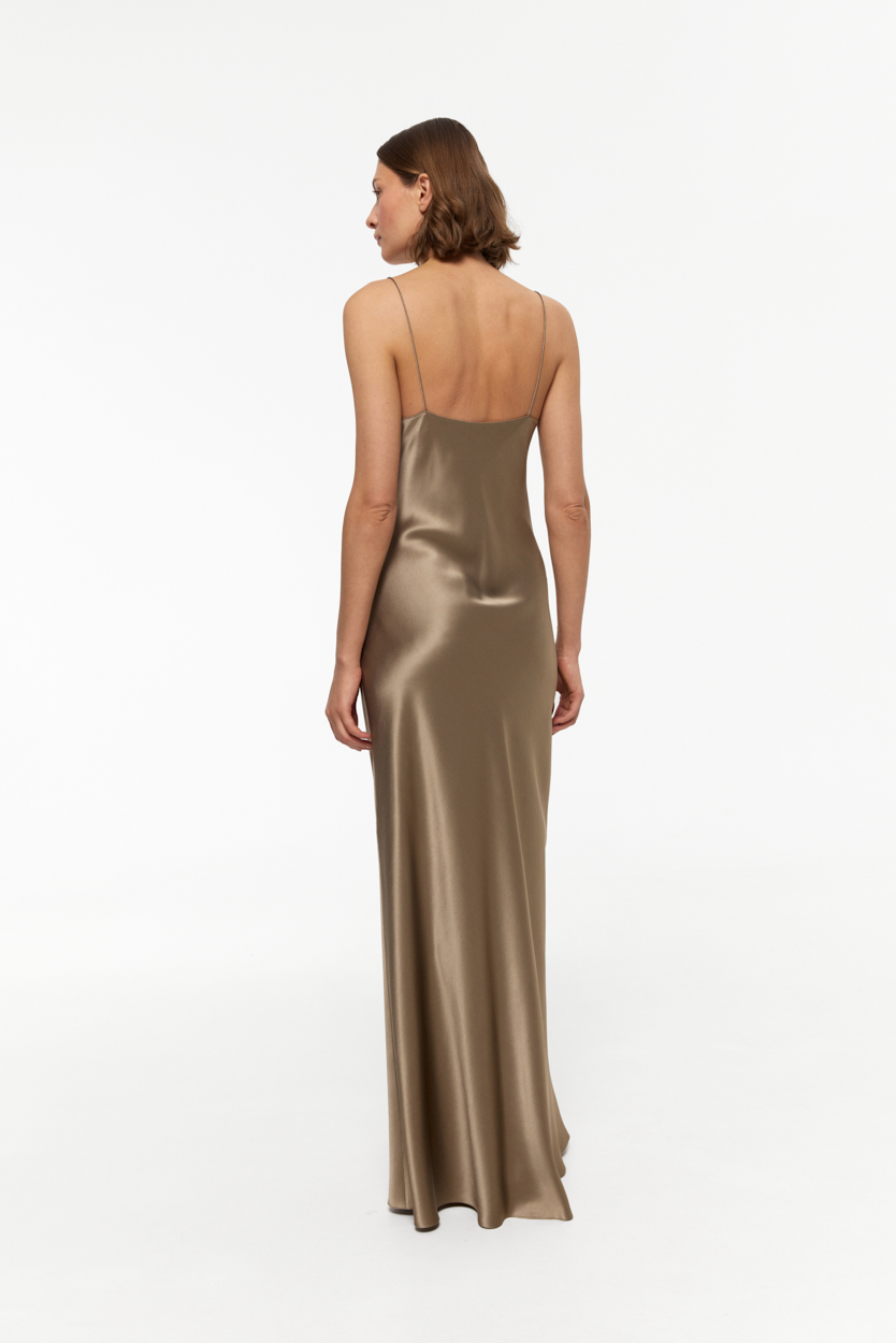 Carolyn Khaki-Taupe scoop-neck maxi dress in Silk Satin