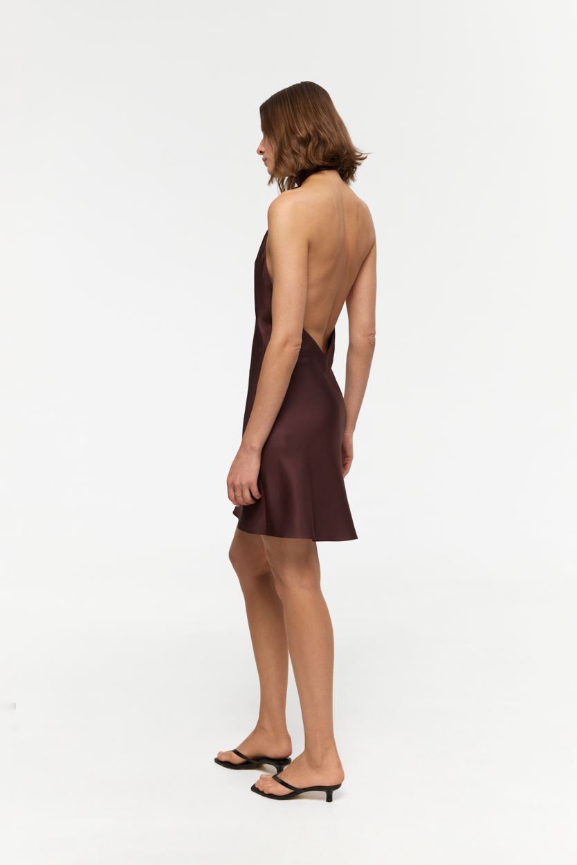 Margo Garnet-Brown backless halter-neck mini dress in Silk Twill