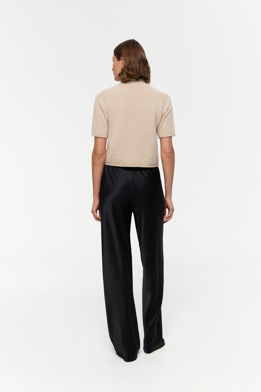 Amalfi Black bias-cut wide-leg pants in Silk Satin