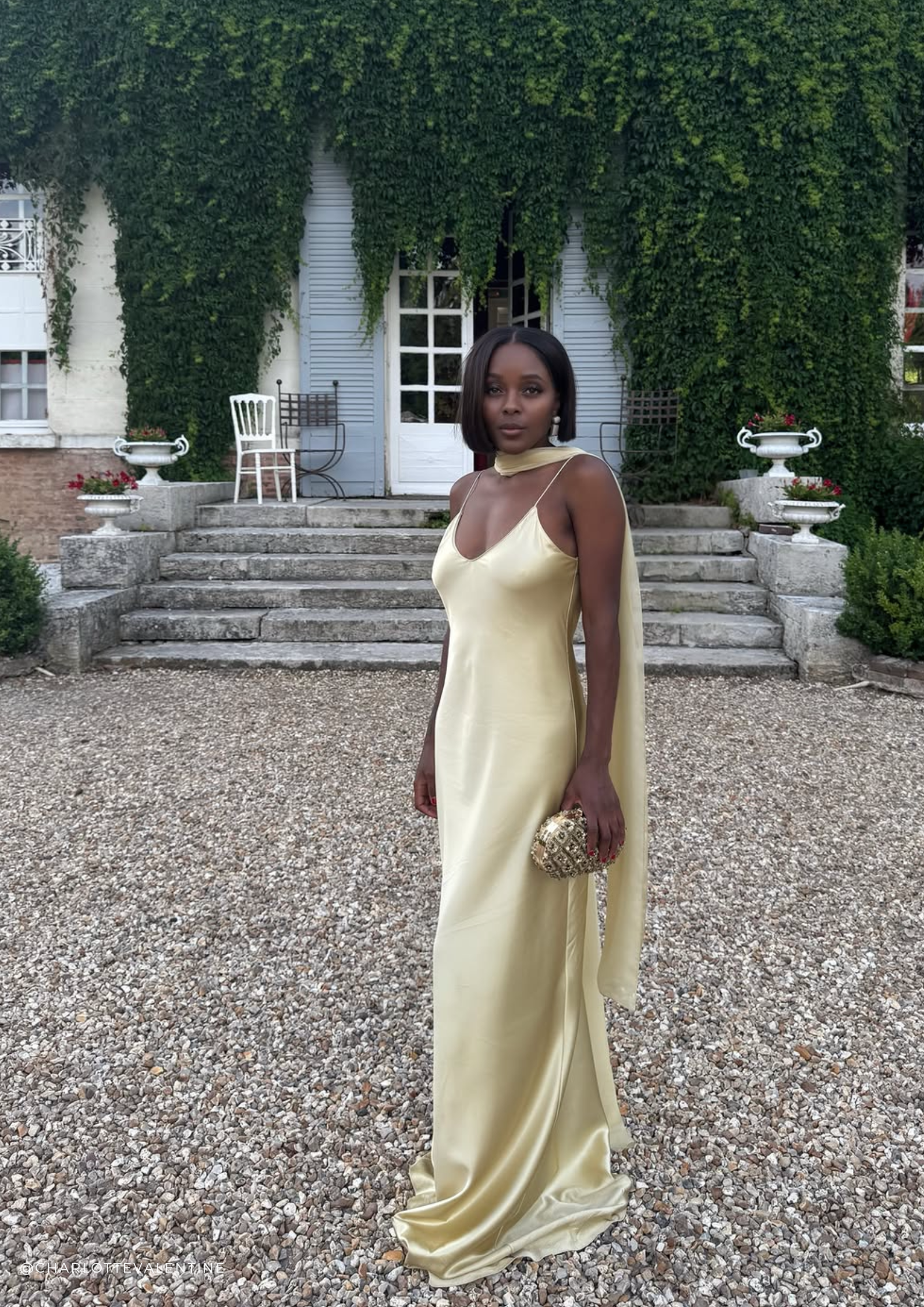 Rowena Vanilla V-back maxi dress in heavy Silk Satin
