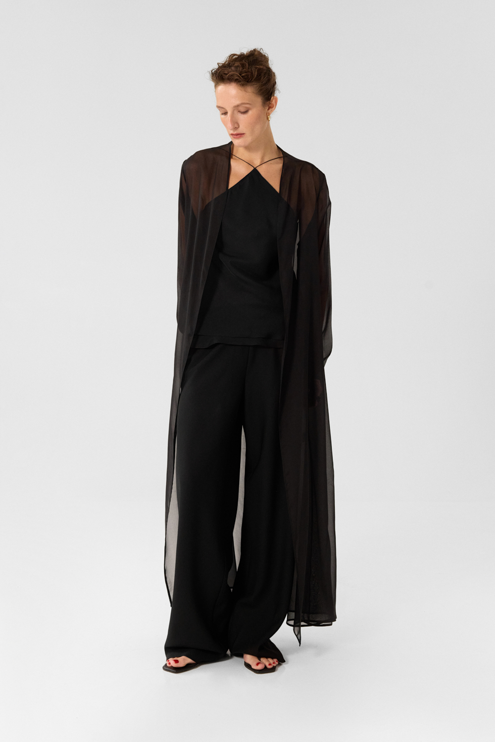 Gina Black sheer longline robe in Silk Chiffon