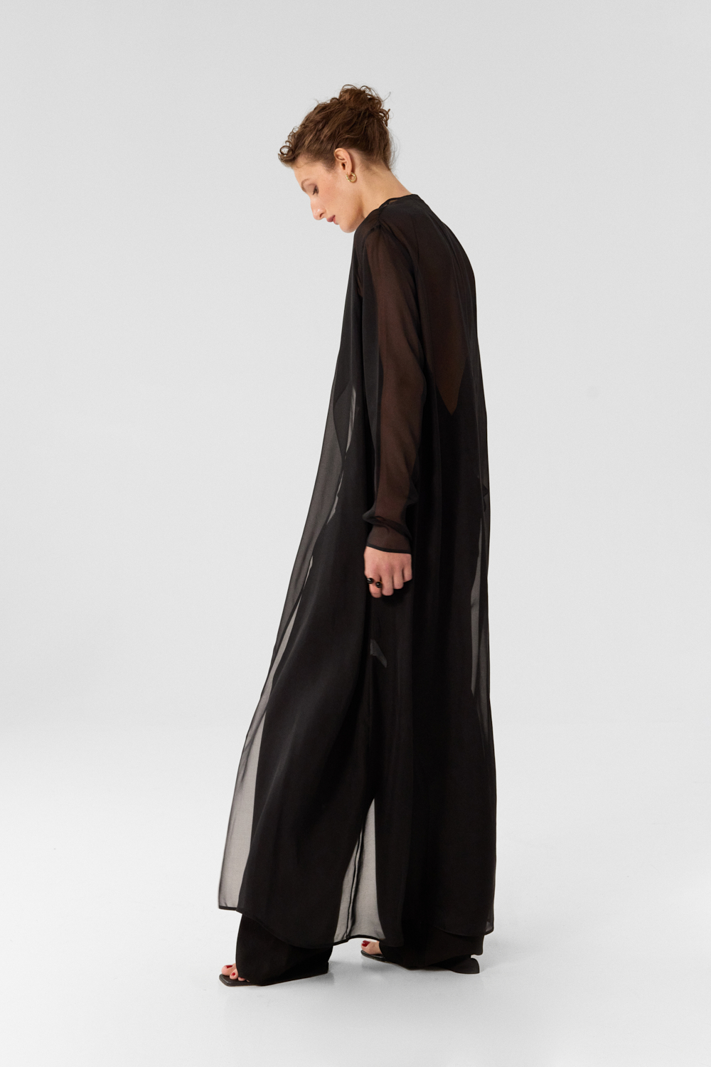 Gina Black sheer longline robe in Silk Chiffon